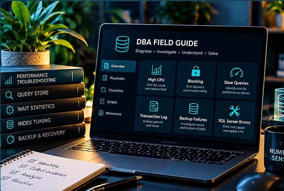 DBA Field Guide displayed on a laptop beside SQL Server troubleshooting books and a diagnostic notebook